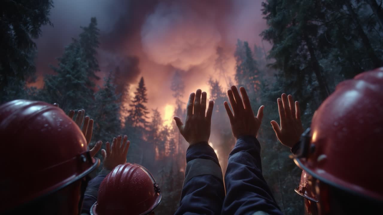 Brave Firefighters Unite Against Devastating Wildfire, Raising Their Hands in Determination Amidst the Chaos of Flames and Smoke in a Dense Forest Environment