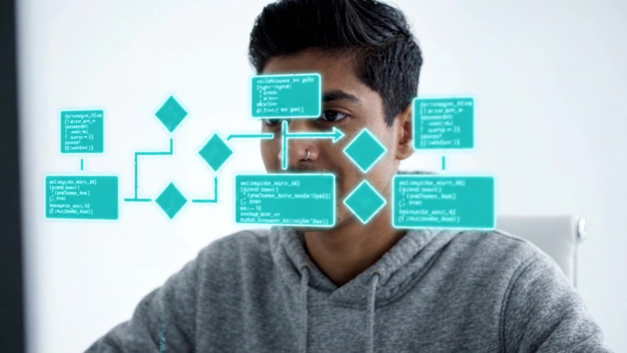 Young Programmer Analyzing Code and Flowcharts on Digital Interface While Seated at a Modern Desk, Engaged in Creative Problem Solving Session