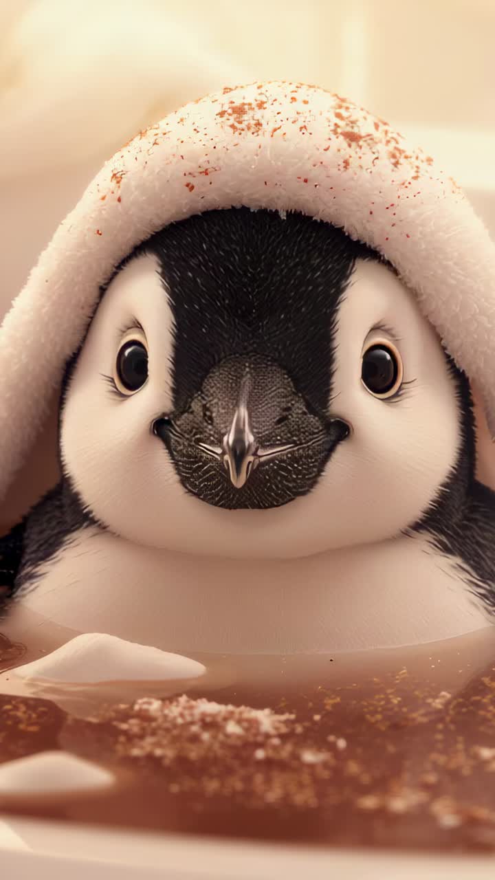 Vertical video: Starting penguin chick opening beak on table with cap, brown sprinkles, cocoa pool