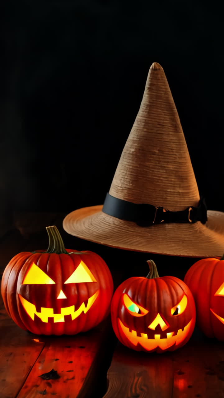 A group of pumpkins with a witch's hat on top of them. The pumpkins are lit up and arranged in a row