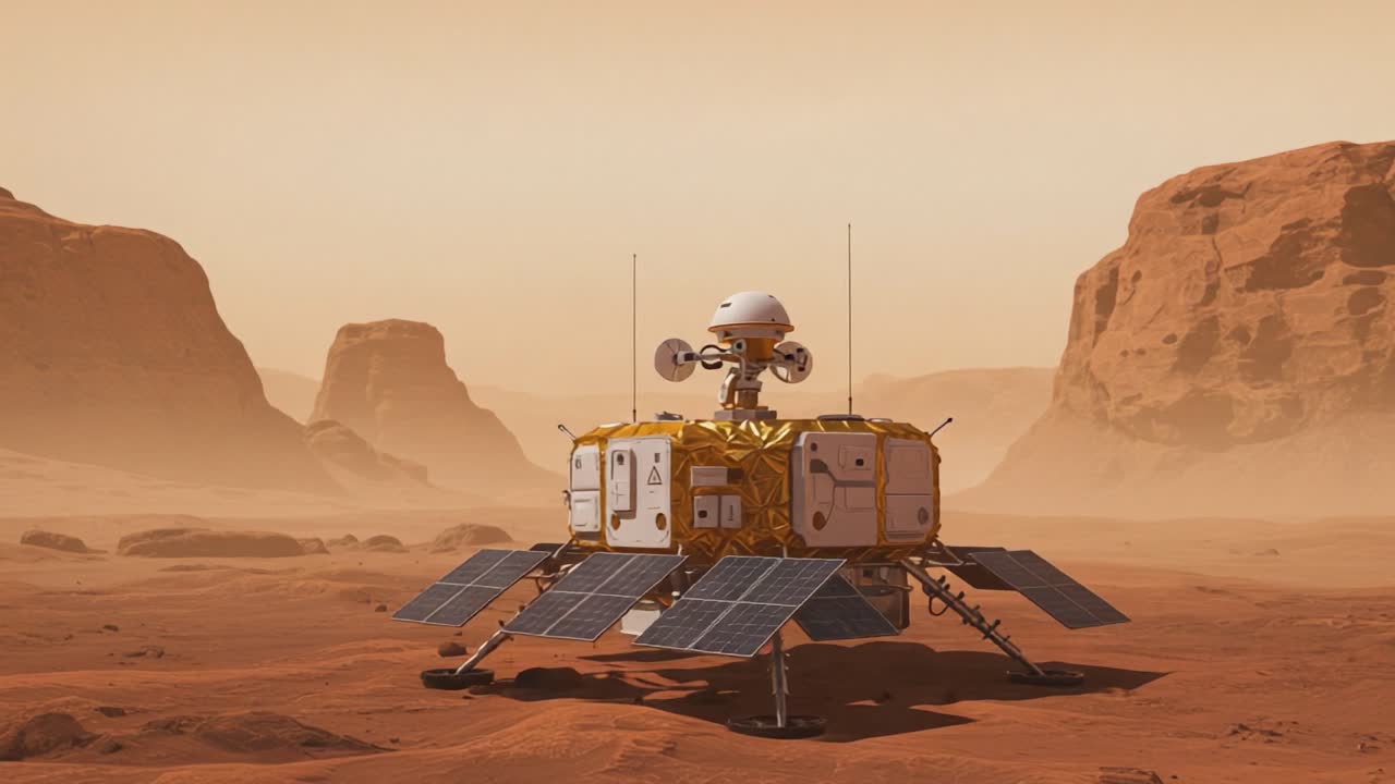 A stunning view capturing the Martian landscape, showcasing a rover on the surface with solar panels extended amidst the red rocks and dusty atmosphere of Mars