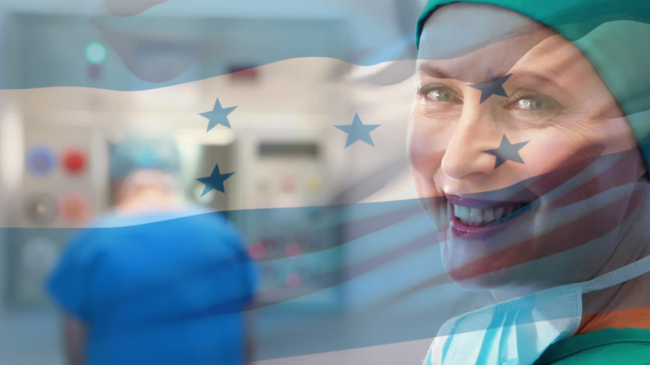 Animation of flag of honduras waving over happy female doctor in hospital