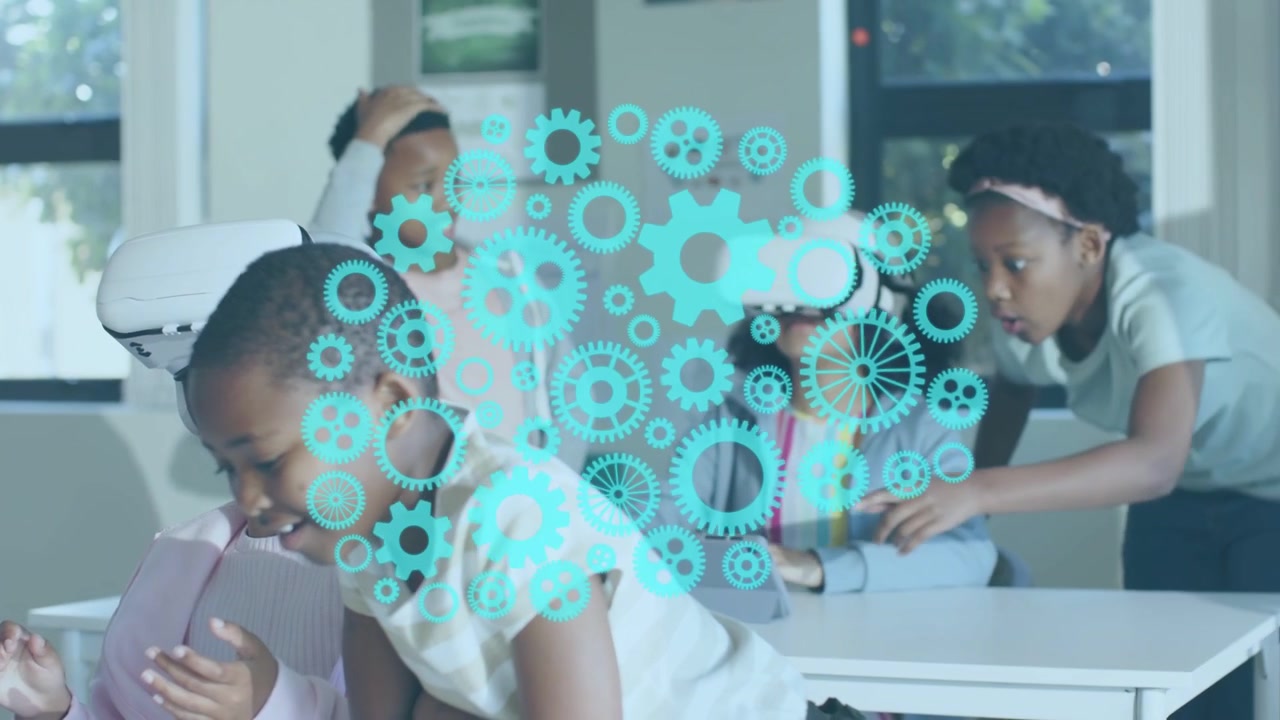 Girl leaning over tablet as peer donning VR for learning, peers assisting, gear overlay appearing
