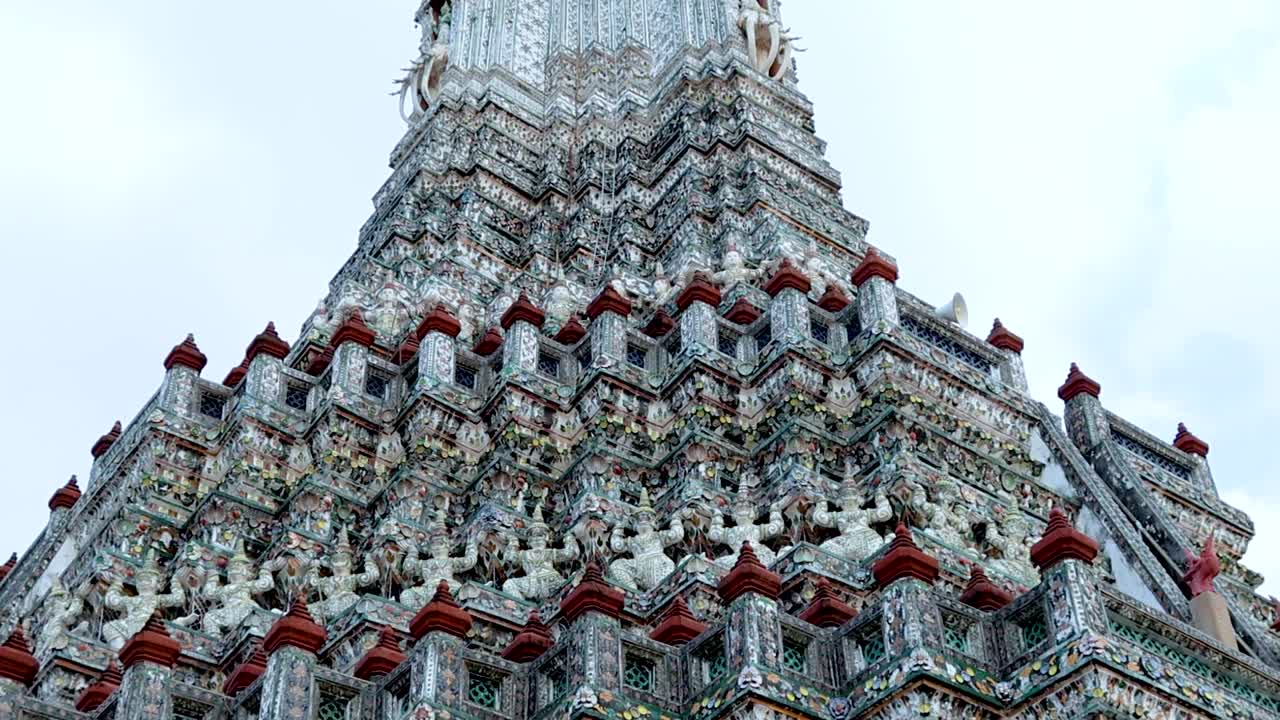 Close-up view of Wat Arun's stupa showcasing detailed ceramic patterns and ornate architectural design.