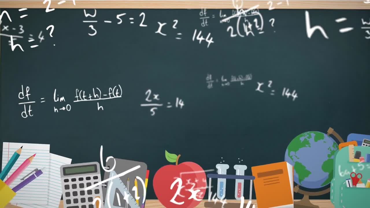 Animasi perulangan persamaan matematika di atas papan tulis dengan perlengkapan sekolah.