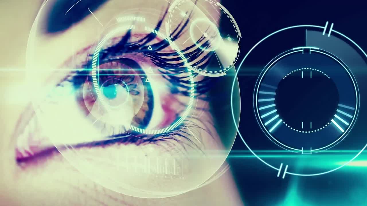 Animation of digital interface and clock over woman's eyes