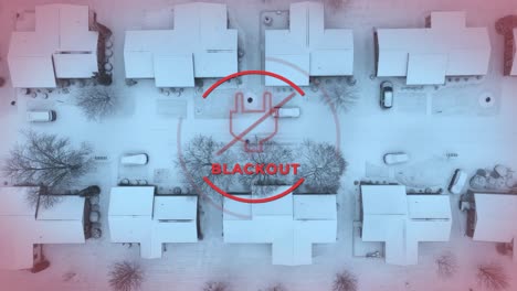 aerial del vecindario americano nevado con texto animado de apagón y icono de enchufe