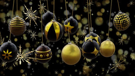 se balancean bolas de navidad negras y doradas sobre copos de nieve y luces bokeh en fondo oscuro