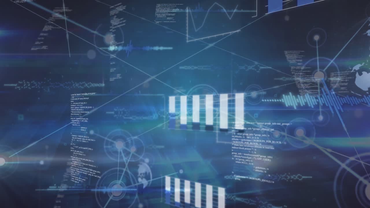 animación de múltiples gráficos, globos y lenguaje informático sobre puntos conectados en fondo azul.