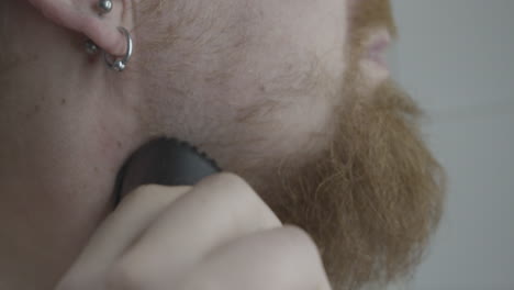 man shaves his long beard with an electric razor