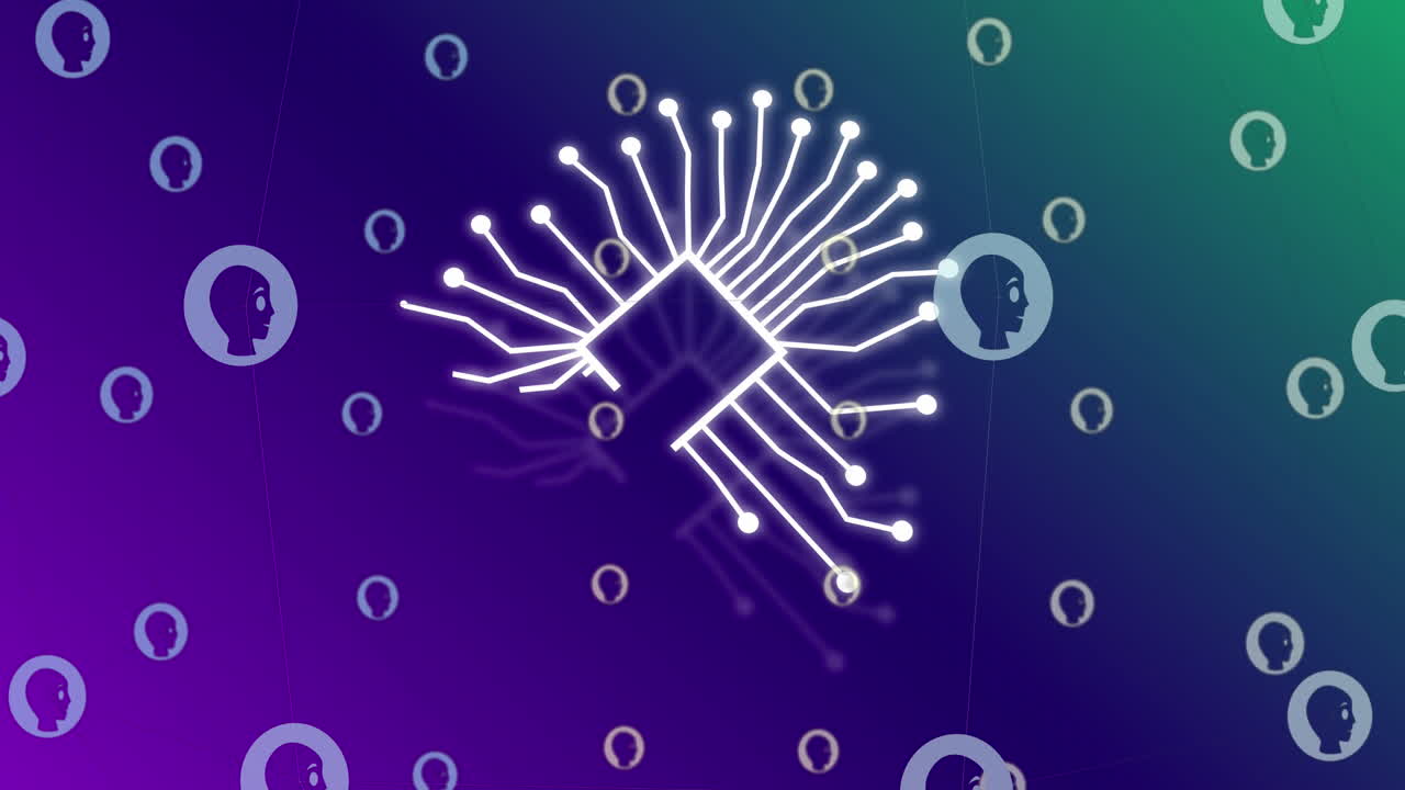 Animation of ai icon and data processing on purple background