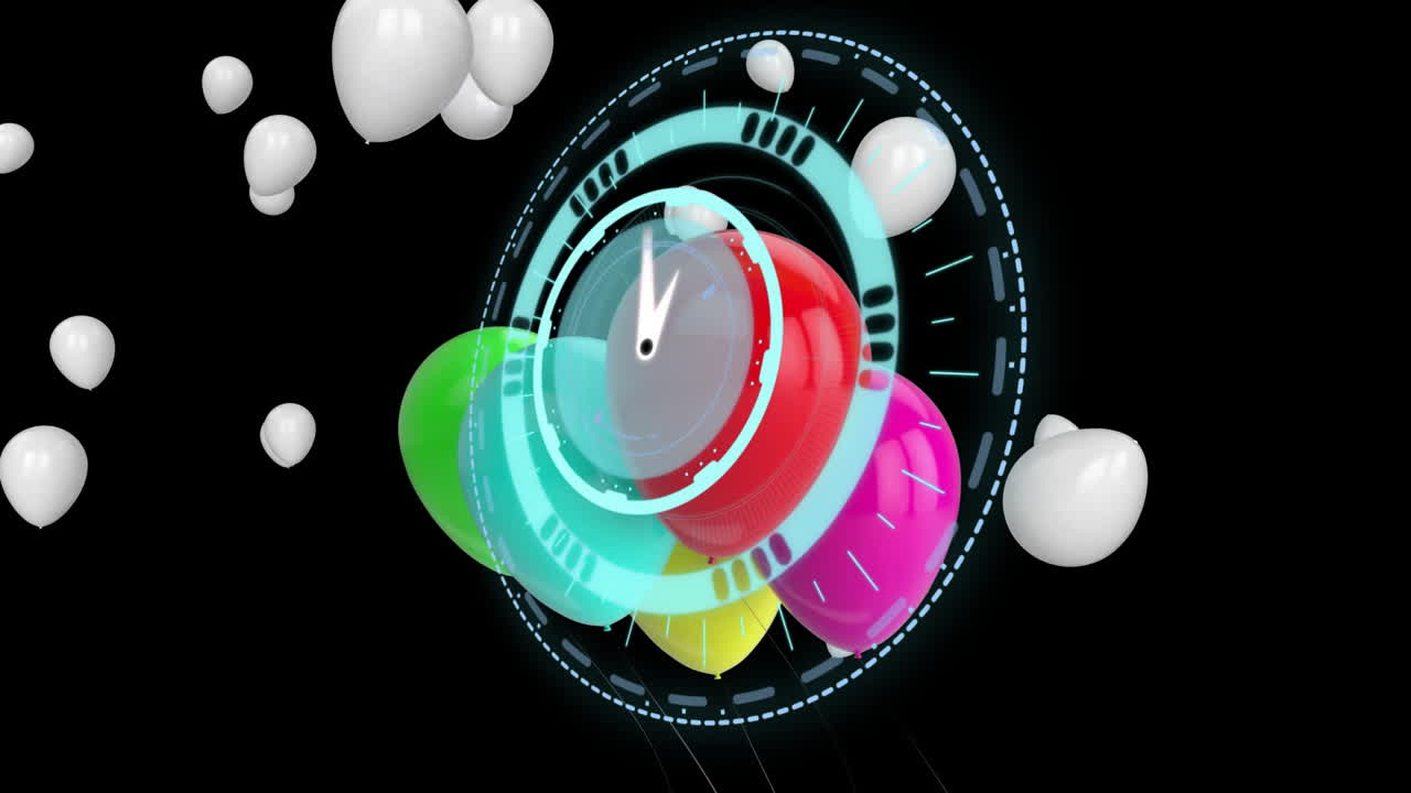 Clock animation over colorful balloons and white balloons on black background