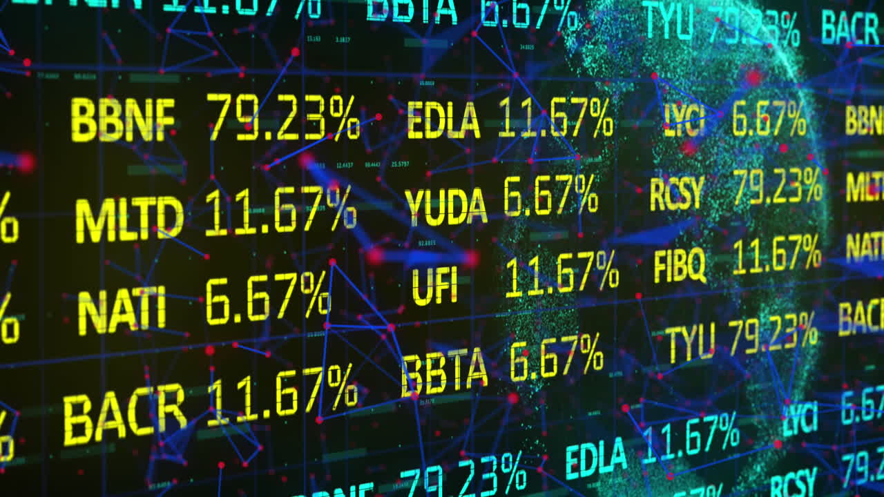 Animation of trading board over connected dots and globe over abstract background
