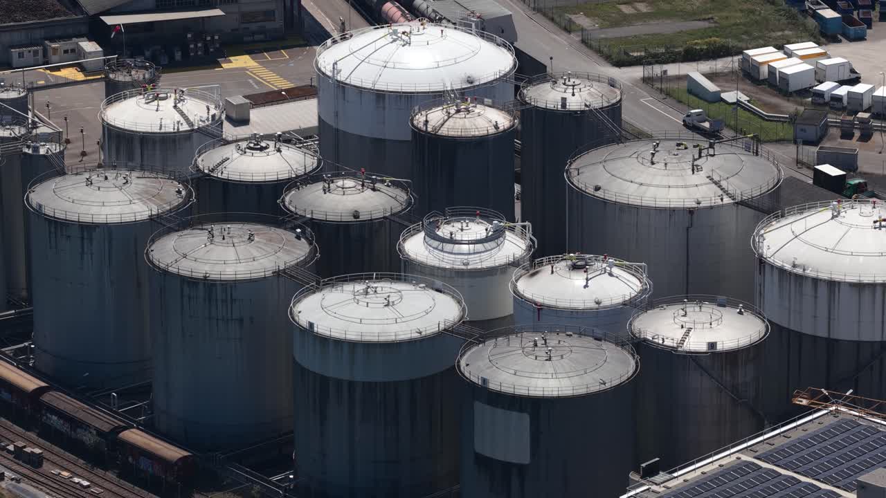 petroleum containers at the Innehafen in Basel, Switzerland, close-up view