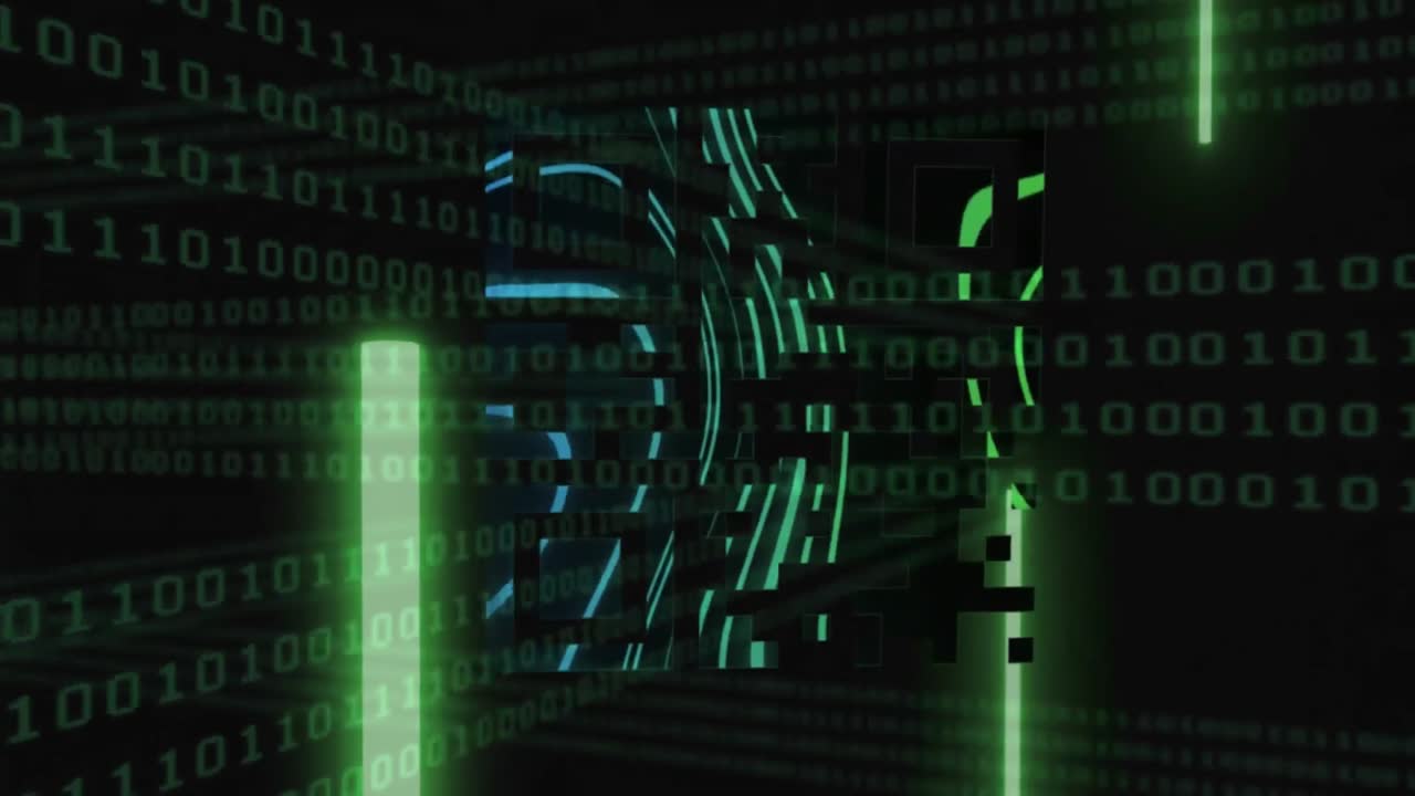 QR code scanner with neon elements against binary coding