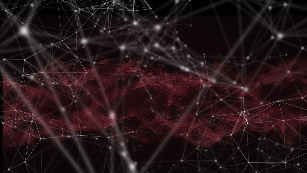 Digital animation of network of connections against red digital waves on black background