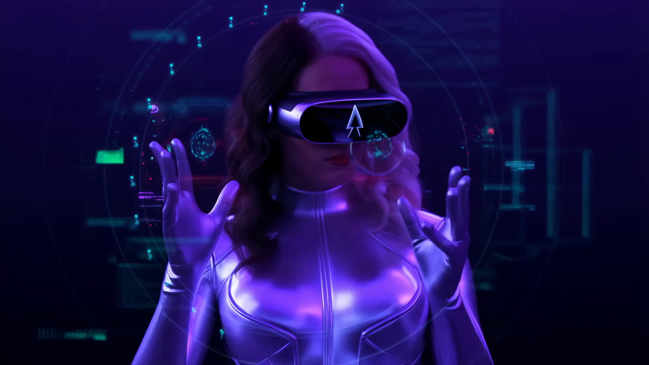 Woman Interacting with Virtual Reality in a Futuristic Setting