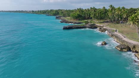 sobrevuelo aéreo de la costa de la caleta boca chica con costa rocosa y palmeras durante el día soleado, república dominicana