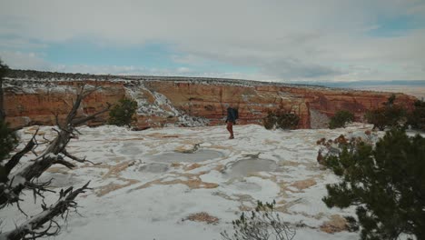 walking past camera in the snow covered canyon