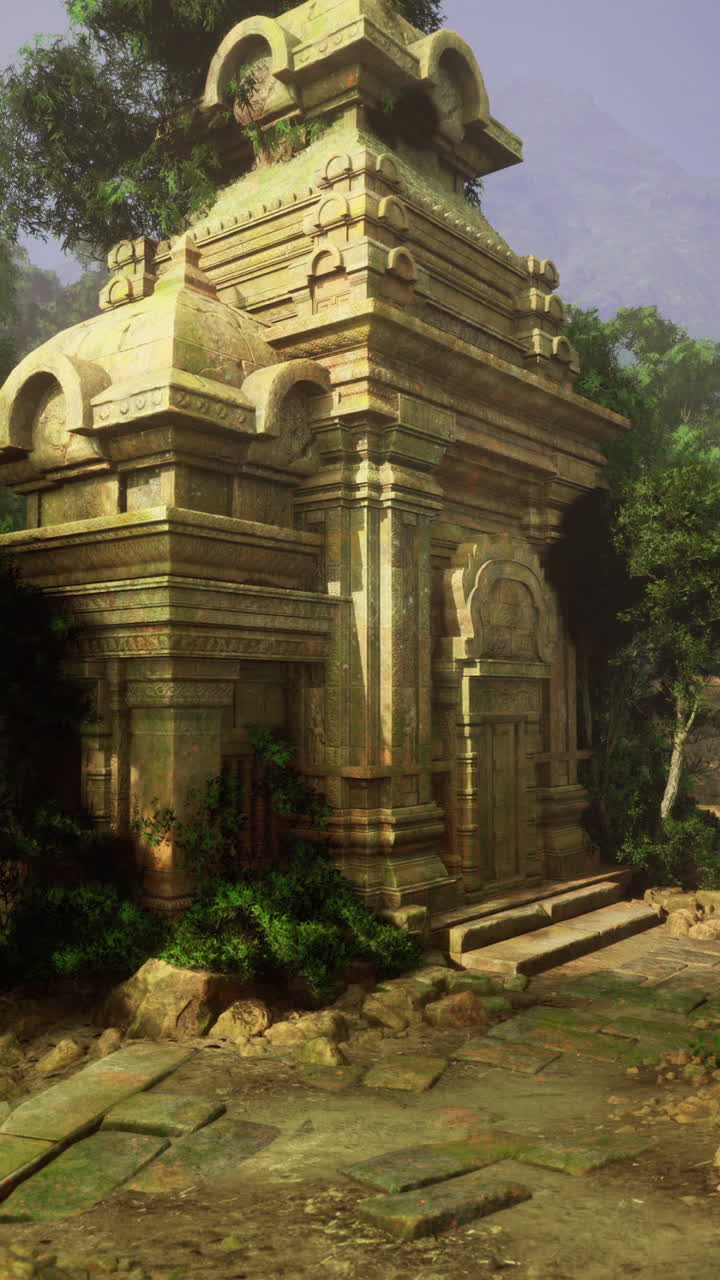 Ancient ruins surrounded by lush jungle vegetation during daylight