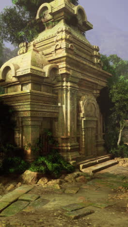 ancient ruins surrounded by lush jungle vegetation during daylight