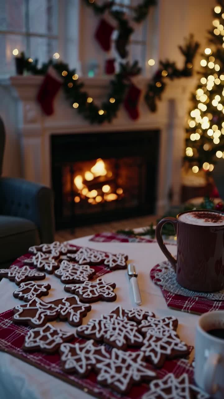 Cozy holiday scene with cookies on a table, warm fireplace in the background