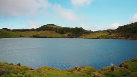 panning shot of picturesque small natural lake surround by rural green meadow