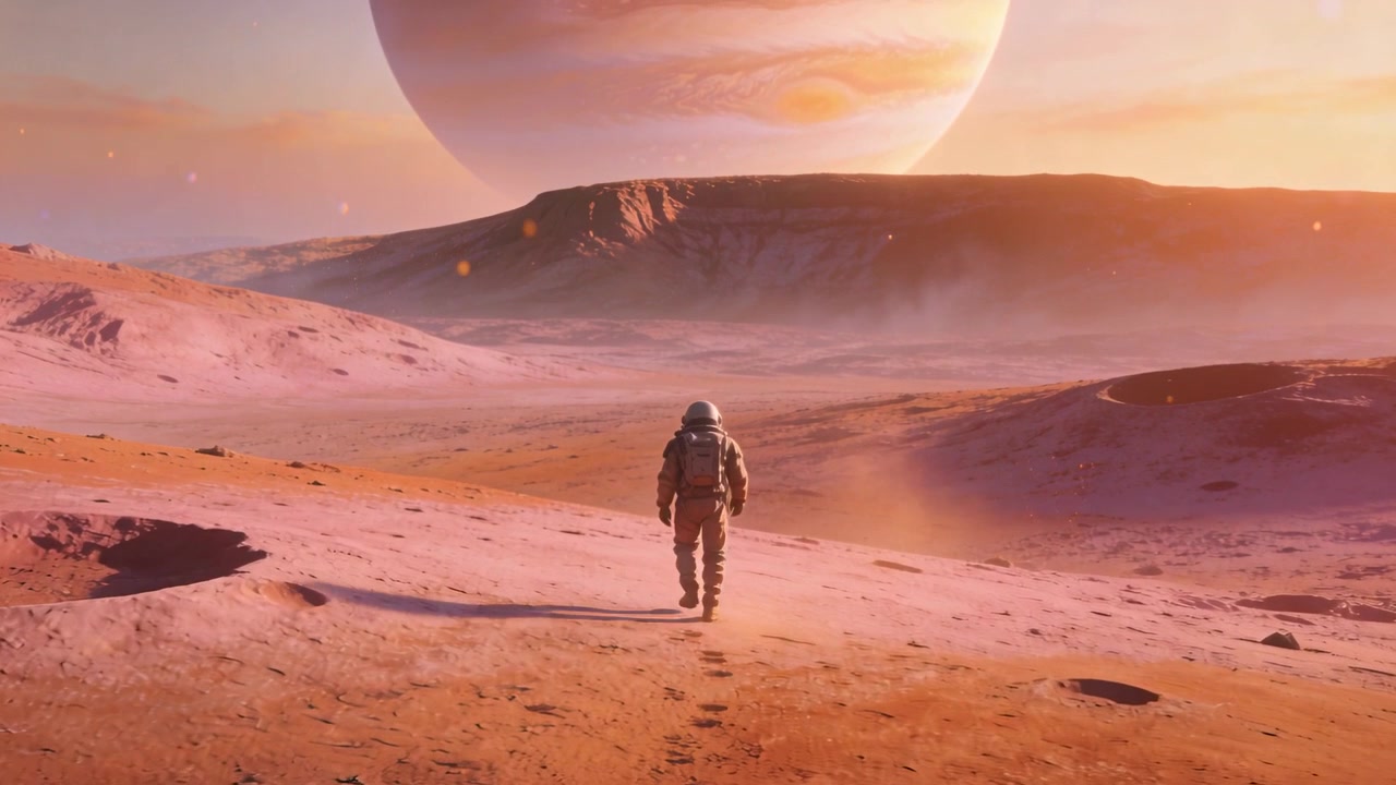 Un astronauta che cammina in tuta con zaino lascia impronte verso il bordo sotto un gigante gassoso a bande, con foschia di polvere.
