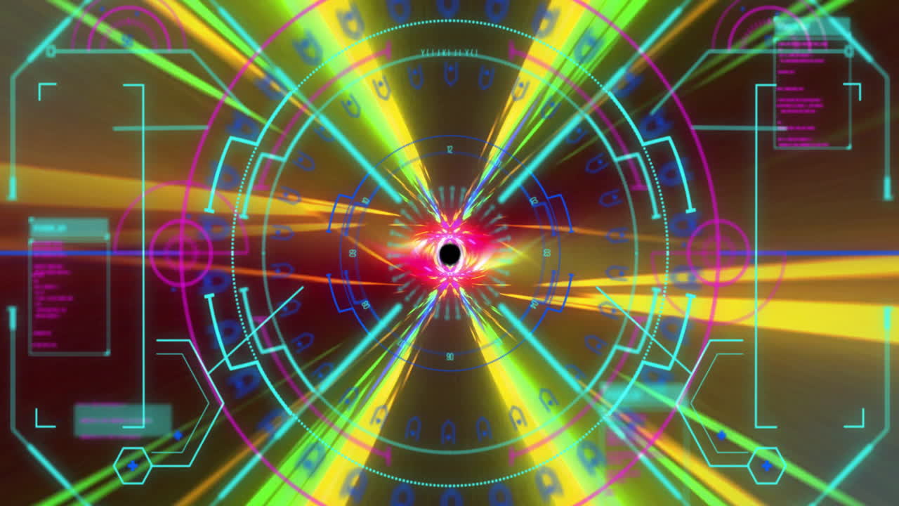 밝은 박이는 불빛을 통해 다채로운 원형 스캐너 처리의 애니메이션