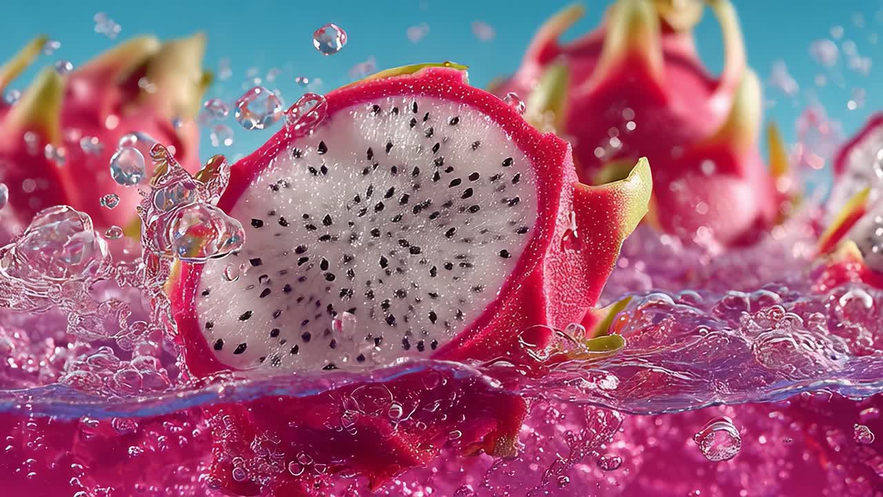 Dragon fruit slice splashing into pink water