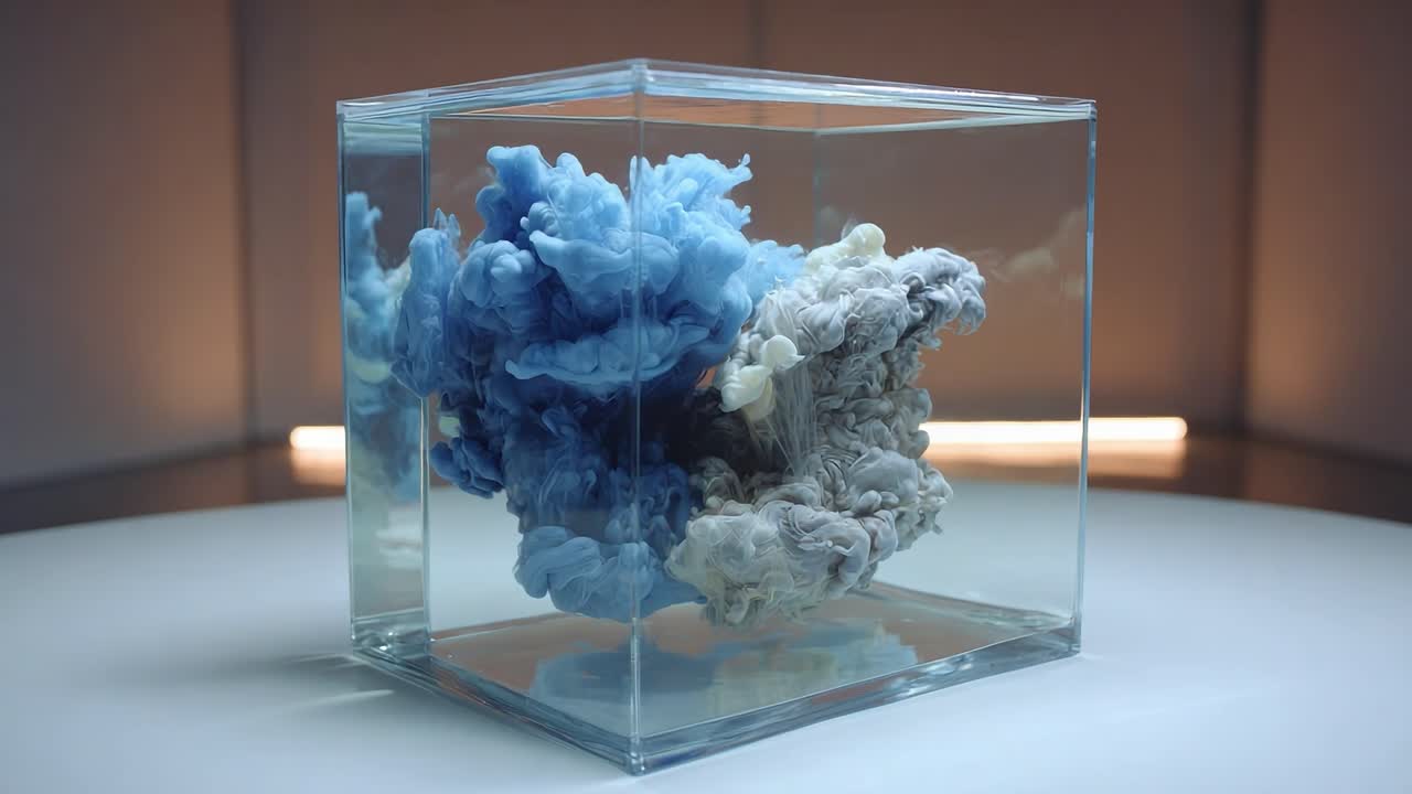 A Mesmerizing Display of Fluid Dynamics: Vibrant Clouds of Blue and White Swirling Together in a Glass Container, Capturing the Beauty of Movement and Color