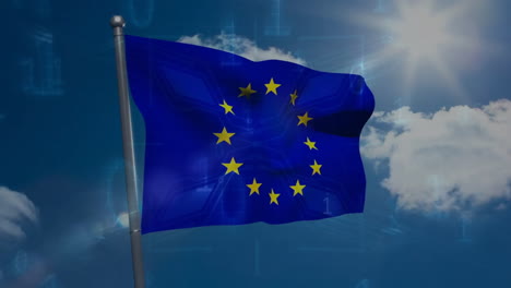 european union flag waving over digital data processing animation