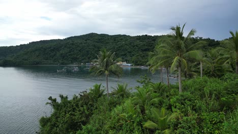 rising, establishing aerial view of philippine tropical island, revealing rural fishing community and lush jungles along tranquil ocean waters