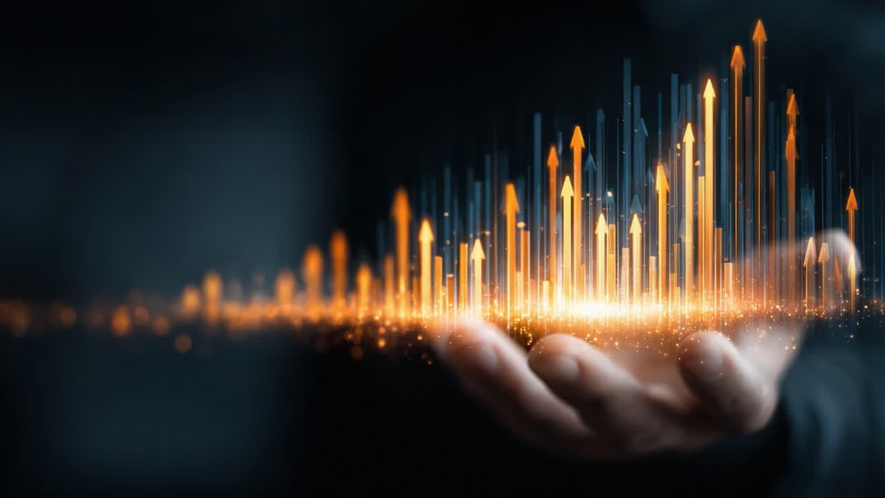 A Visualization of Growth: A Hand Holding a Dynamic Graph of Rising Arrows Indicating Success and Progress in Finance and Business Analytics