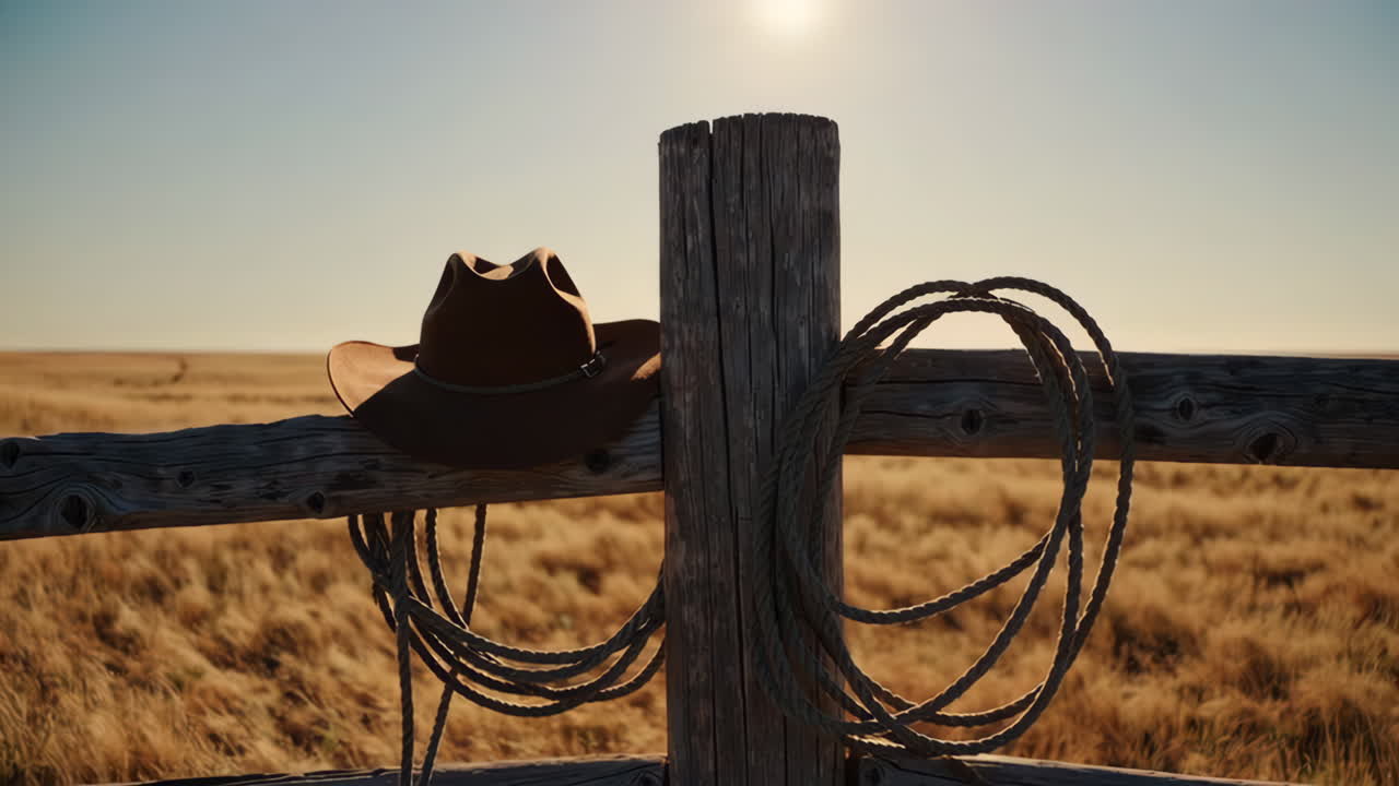 Cowboy Hat and Rope on a Wooden Fence in a Field at Sunset