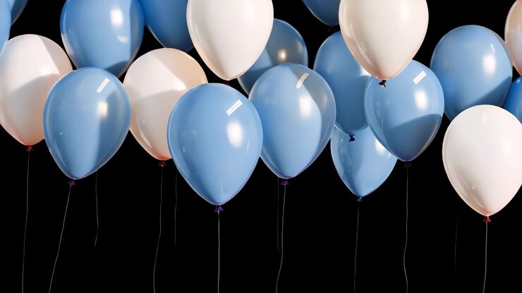 Palloncini blu e bianchi fluttuanti su sfondo nero