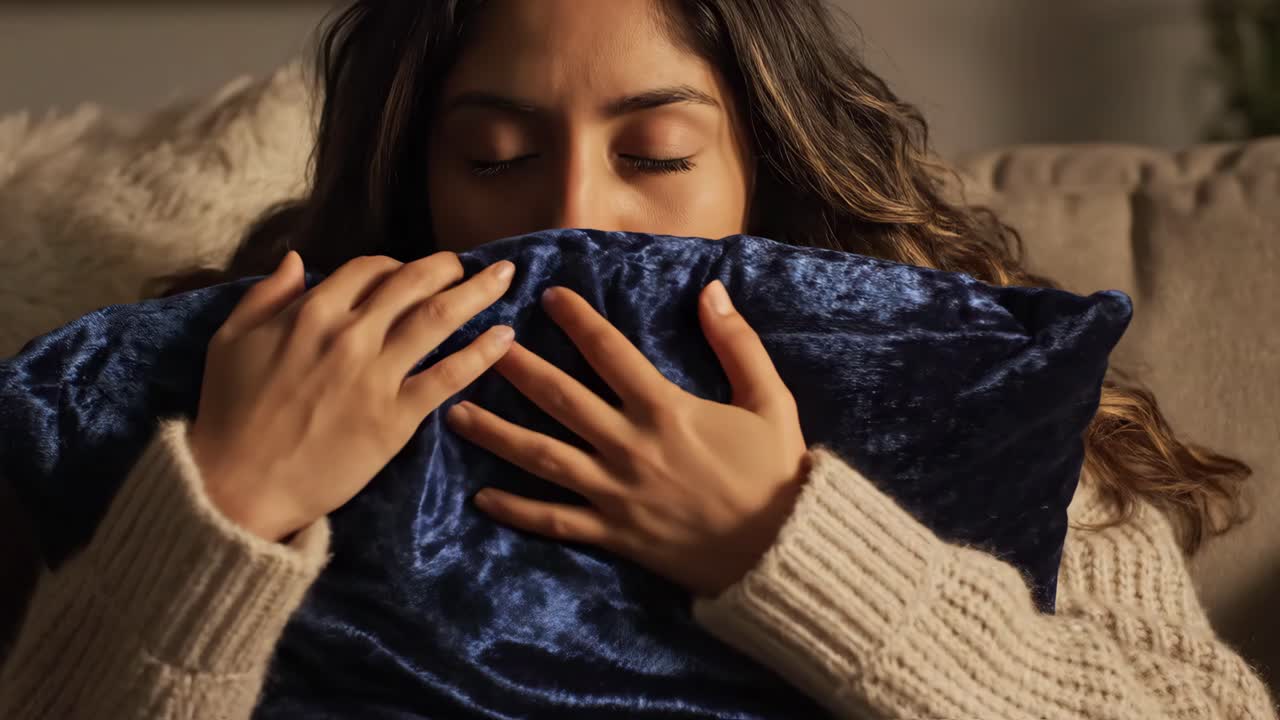 Woman Relaxing at Home with a Pillow