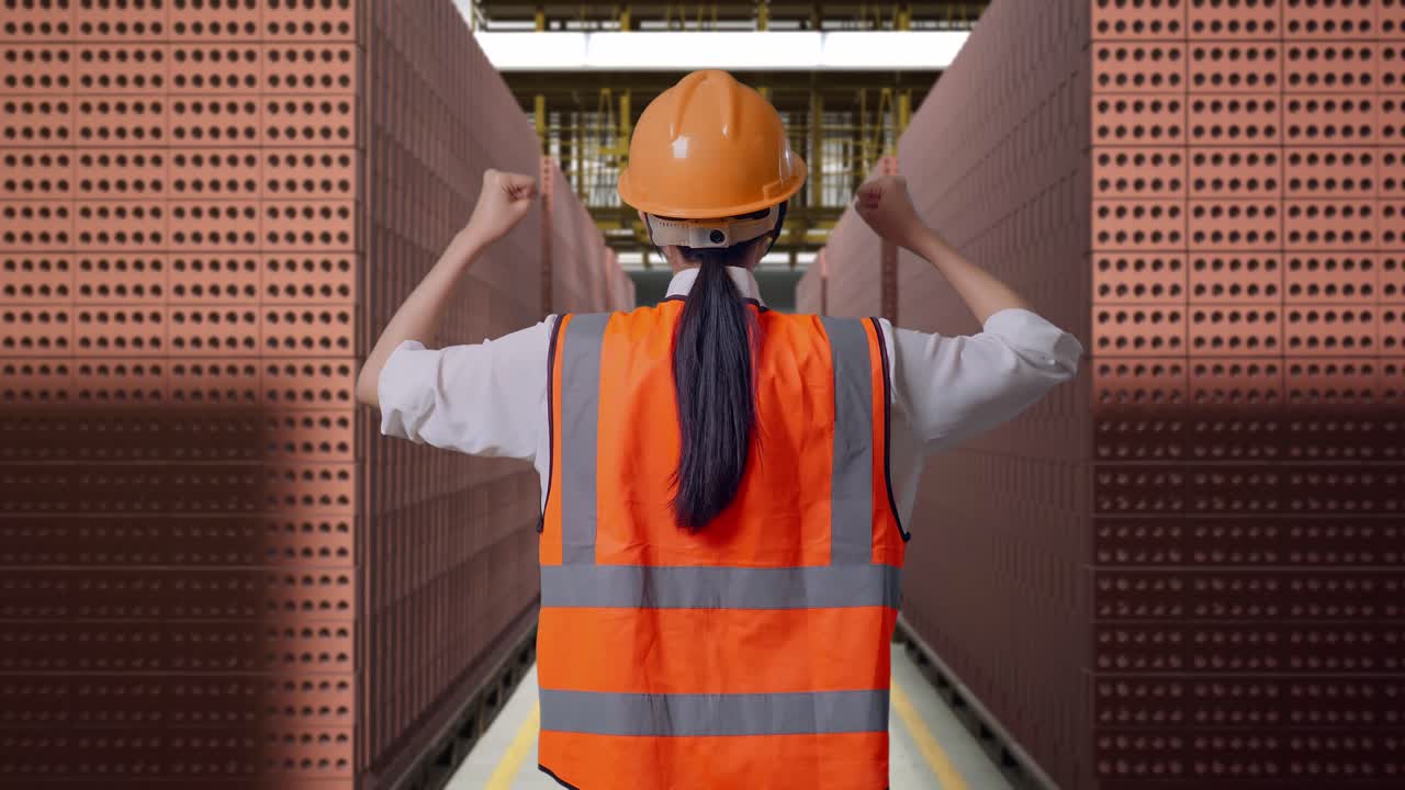 Back View Of A Female Engineer With Safety Helmet Raising Her Hands Celebrating While Working With Red Brick Packed in Stacks Are Stored