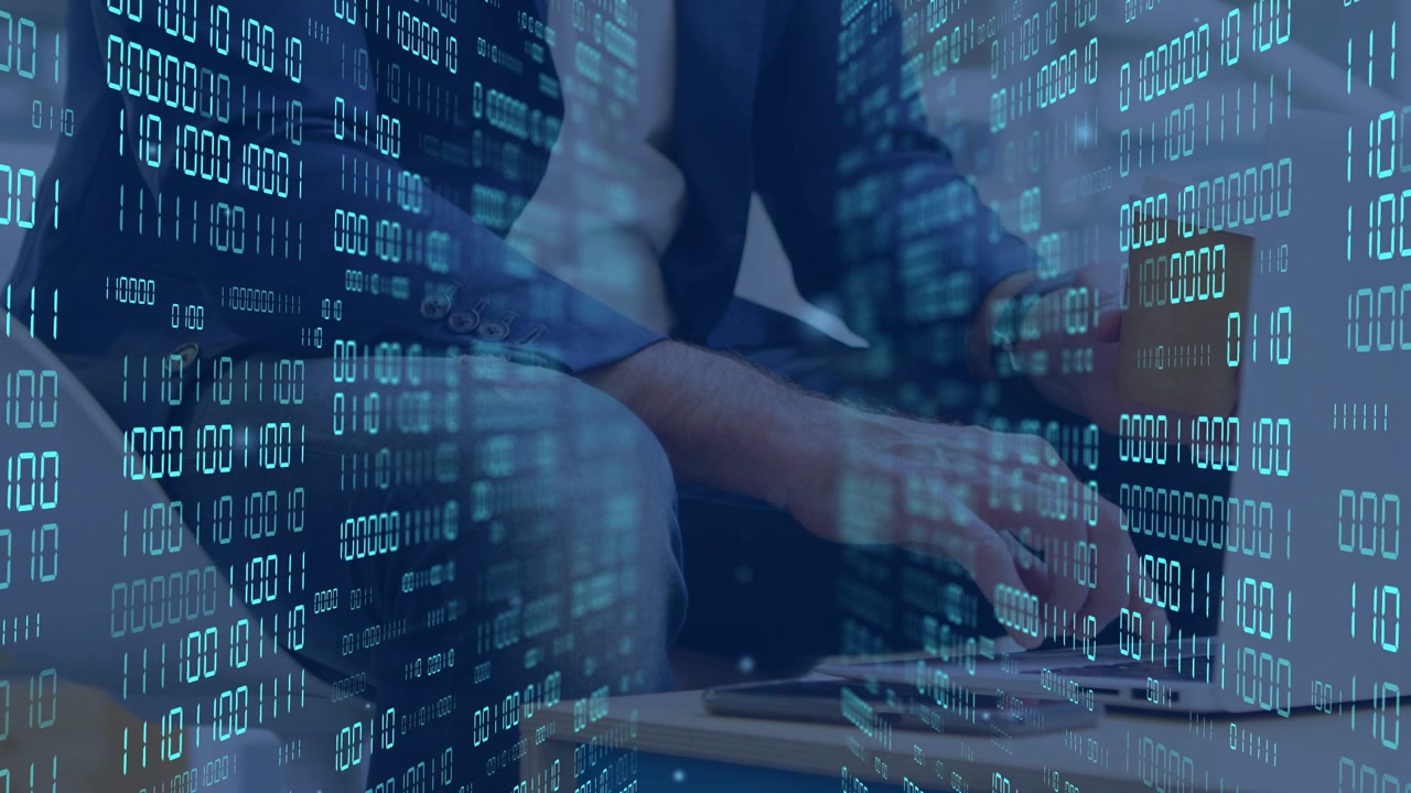 Man placing fingers, typing laptop keys and pad, binary code shifting with input, visualizing data