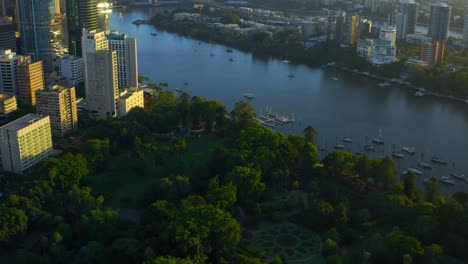 aerial view of brisbane river and city botanic gardens during sunrise, qld, australia