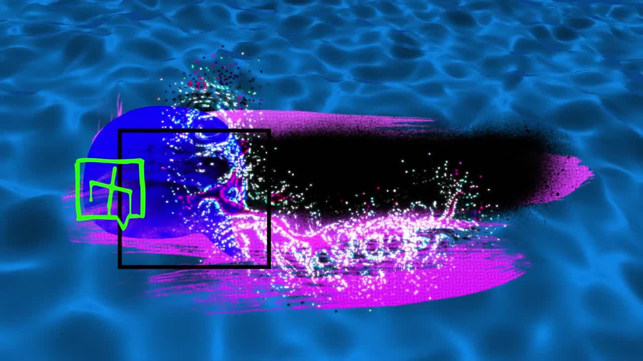 파란색, 액체 배경에 거품 연설과 함께 보라색과 검은색 모양의 애니메이션