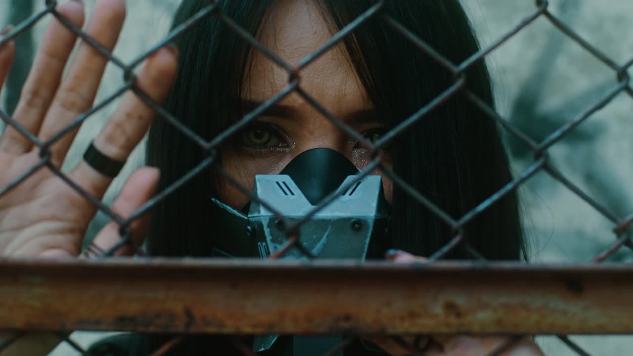 Woman Behind a Fence with a Mask