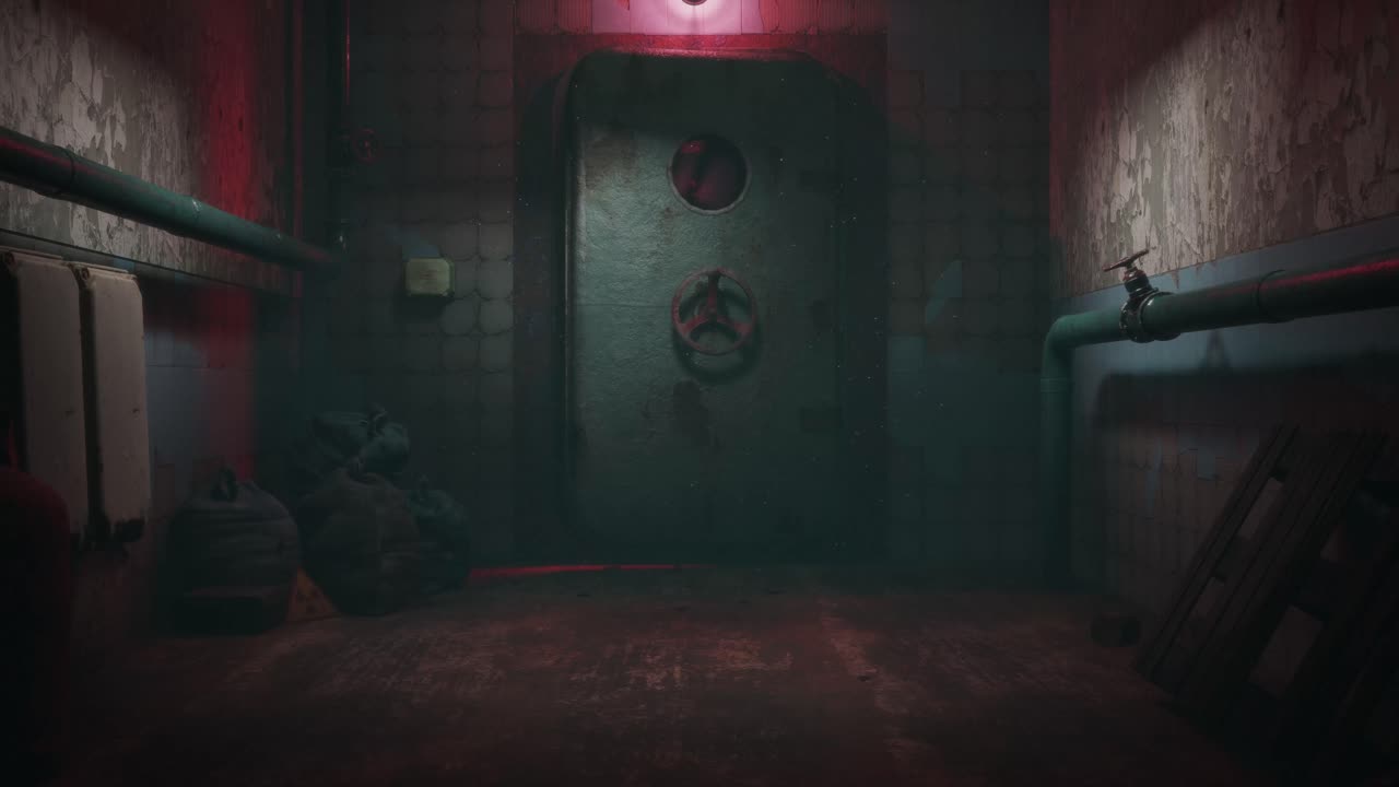 CGI render of heavy metal door opening in scary abandoned bunker corridor. Dark atmosphere. Volumetric light. Abandoned lab. Haunted place.