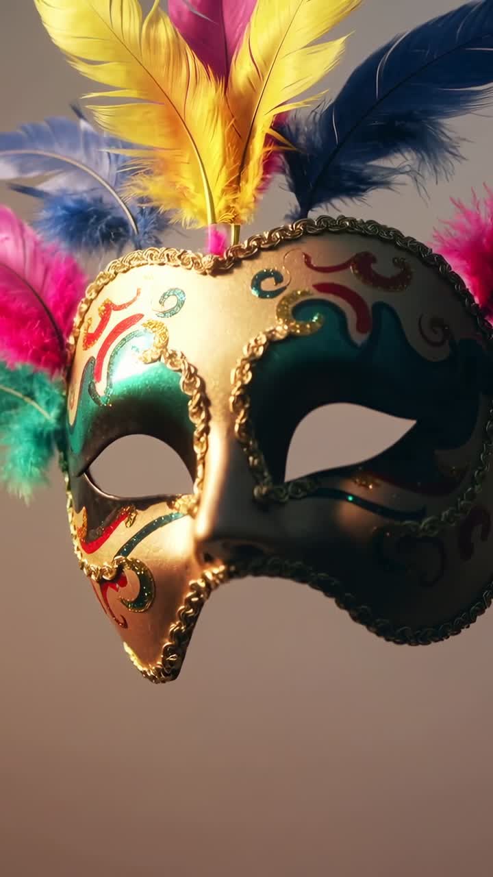 Video verticale: Maschera rotante che mostra vernice verde acqua e oro, passamaneria intrecciata e piume su uno sfondo beige.