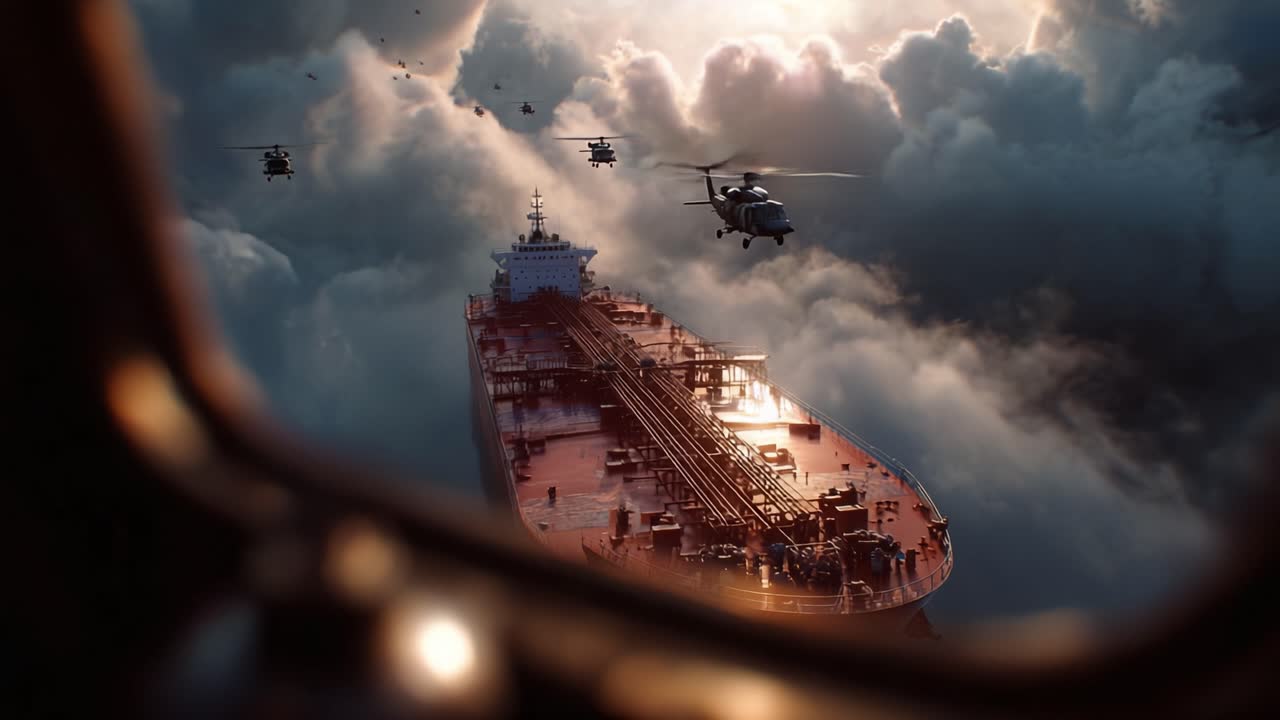 Vista dalla cabina di pilotaggio mostra una grande petroliera tra nuvole temporalesche. Elicotteri volano vicino, suggerendo un'operazione di soccorso o militare. L'illuminazione drammatica evidenzia tensione e urgenza.