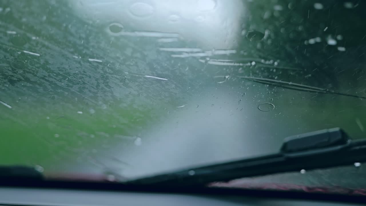 Raindrops blur windshield view as wipers work symbolizing flood, slow motion