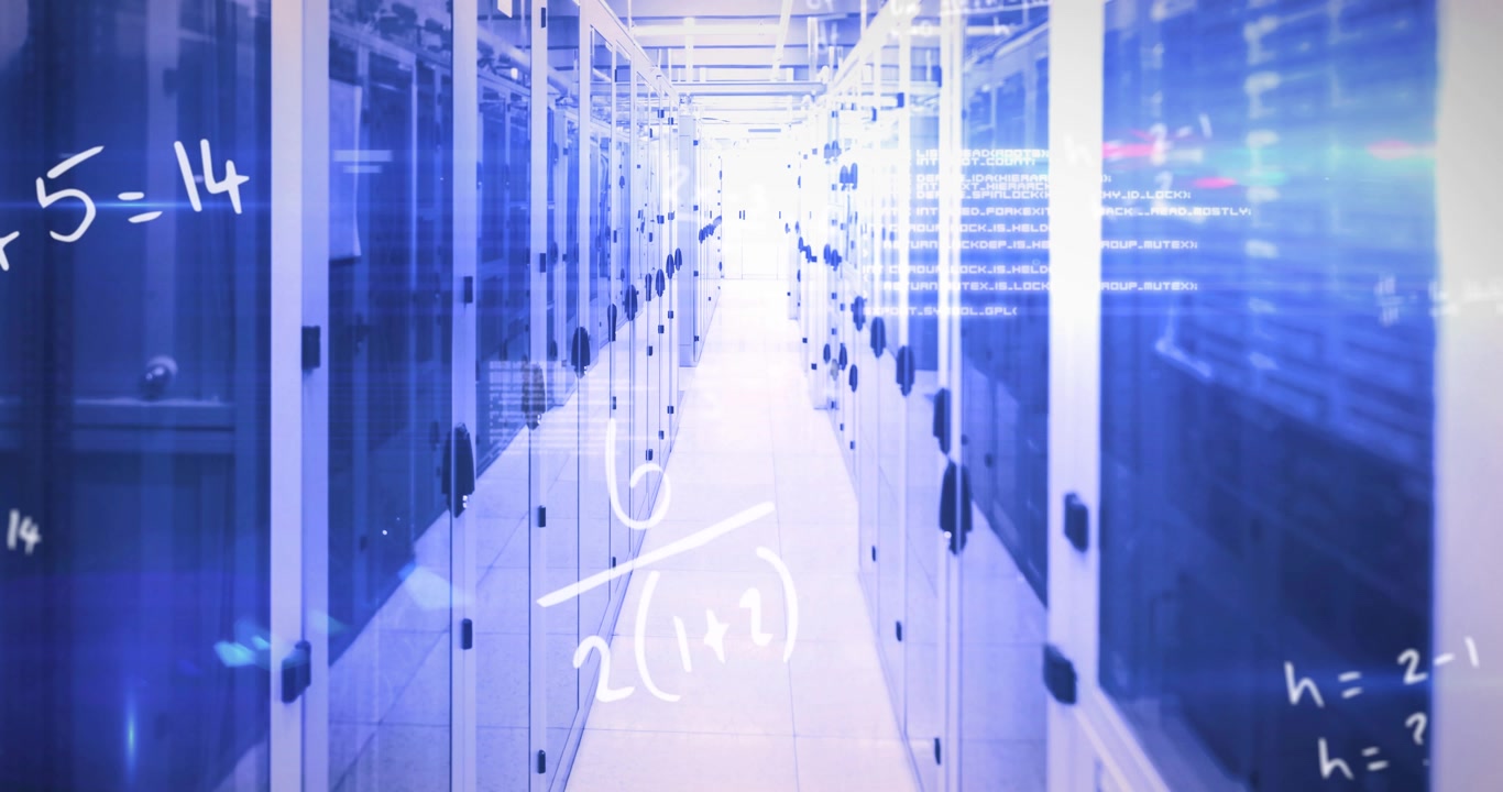 Data Center Server Room with Floating Mathematical Formulas