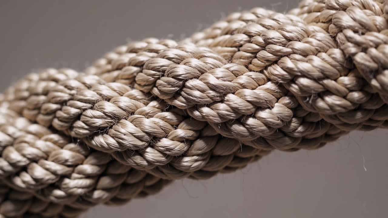 Close up view of a thick rope with a complex spiral pattern, highlighting the texture and craftsmanship of the intertwined fibers creating a visually captivating design