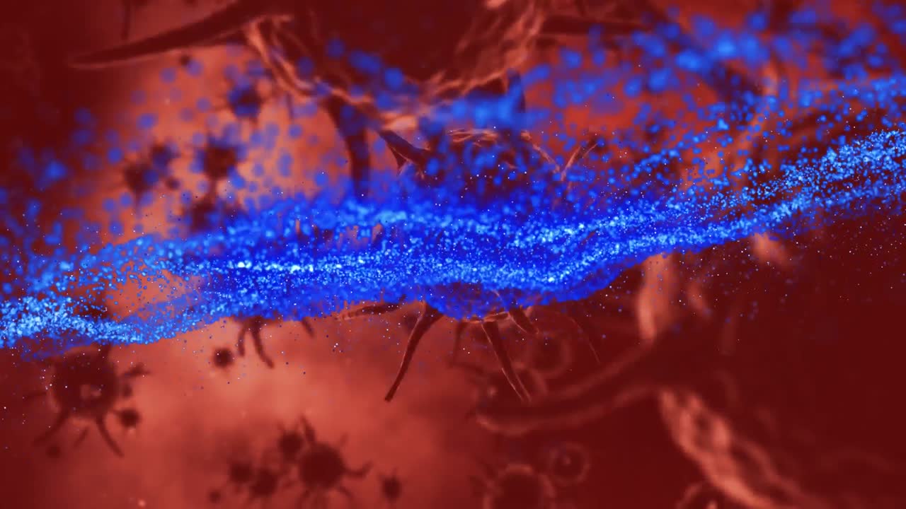 블루 라이트 트레일과 코로나19 세포의 애니메이션