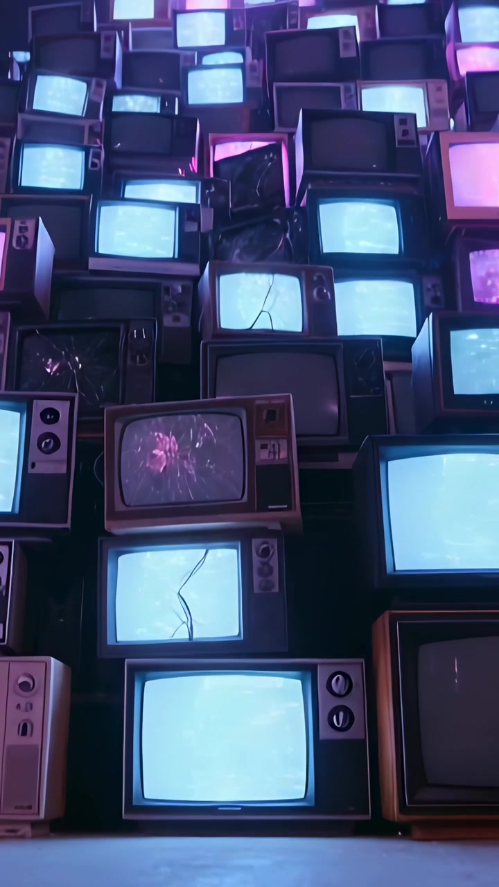 Vertical video: Camera tilting upward revealing CRT TV tower in studio to show upper rows and cords